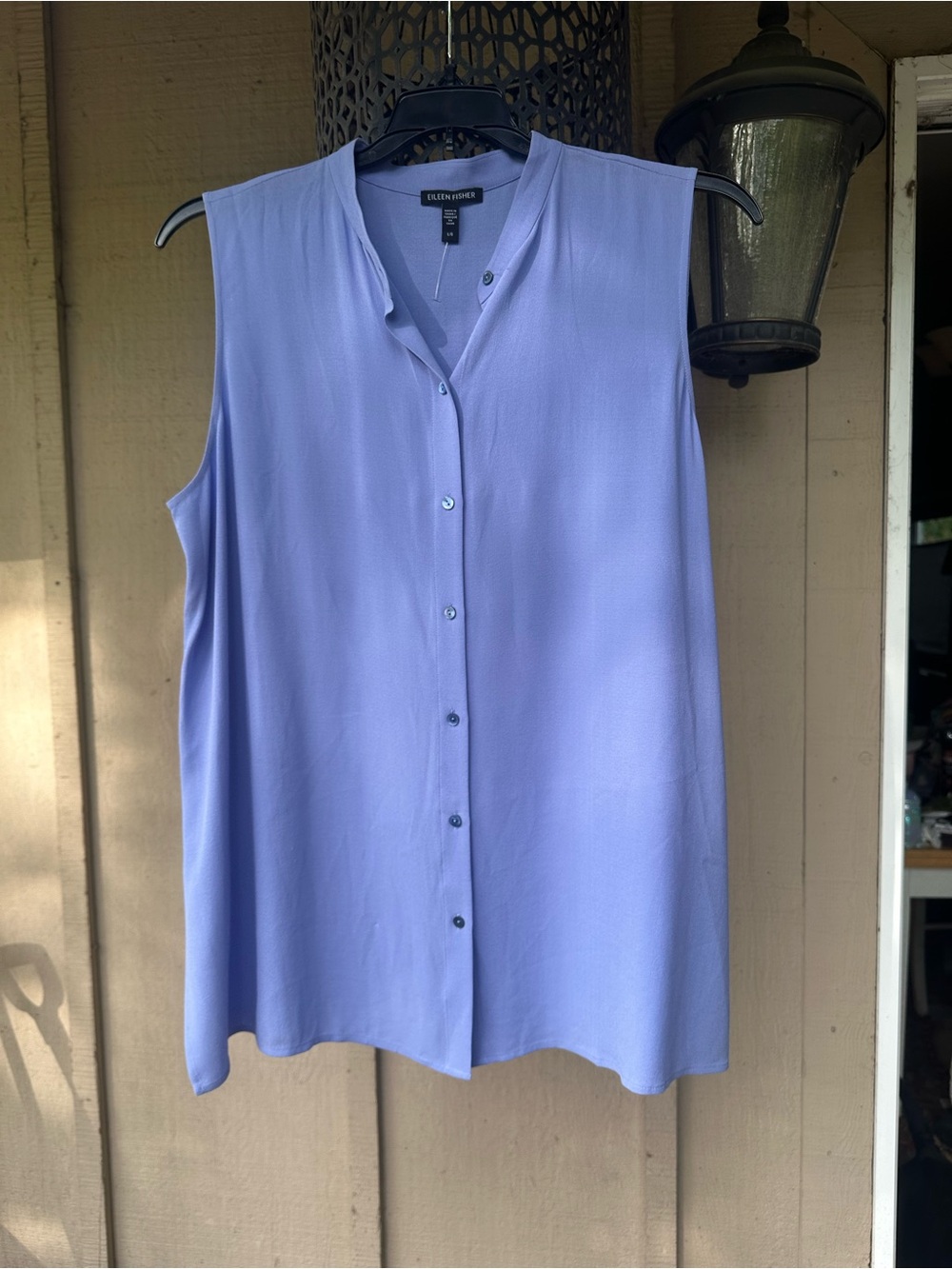 Eileen Fisher Silk Georgette Crepe Sleeveless Shirt in Periwinkle Blue - Picture 2 of 7